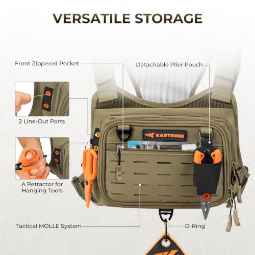 KastKing Bait Boss Water-Resistant Fishing Chest Pack With EVA Zip-Down Workstation, MOLLE Storage, Adjustable Chest Straps - color: D: Khaki