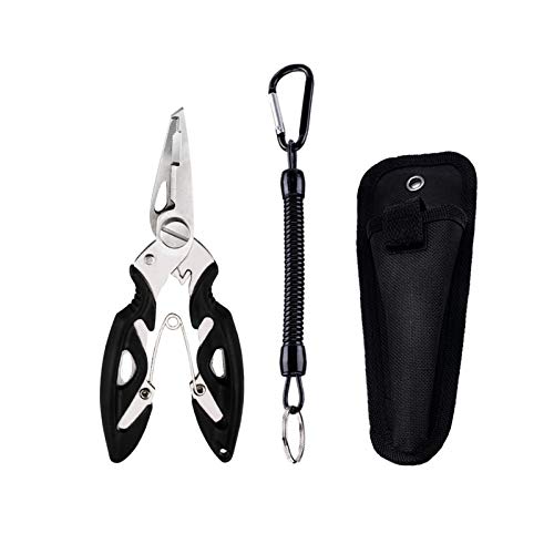 Fishing Pliers, Multi-Function Hook Remover Split Ring Fishing Gears Accessories, Stainless Steel Line Cutter with Sheath and Lanyard Fly Fishing Tools Set