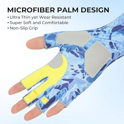 KastKing Agies Fishing Gloves Men, UPF 50+ Sun Gloves UV Protection, Cooling Quick-Dry 3/4 Fingerless Gloves with Extended Cuff, Microfiber Palm & Pull Tabs, for Fishing, Kayaking, Hiking, Hunting - color: X Camo-Blue, size: Large-X-Large