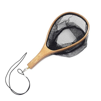 Small Wooden Frame Fly Fishing Landing Net With Soft Rubber Mesh for Trout Bass Catch and Release - Fishing Gear - color: Straight Handle