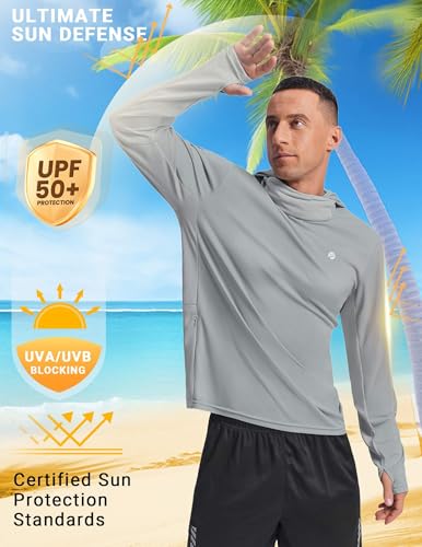 PINSPARK UPF 50+ Sun Protection Hoodie Men with Mask Quick Dry Long Sleeve Fishing Hiking Shirts UV Rash Guard Lightweight - color: Light Grey, size: XX-Large