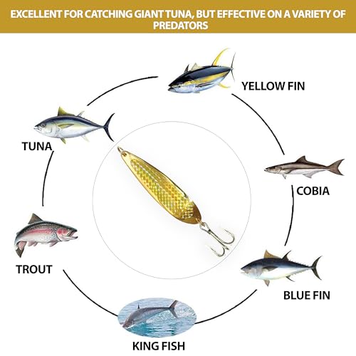 Crocodile Spoon Fishing Lures 3oz, 6 Pcs Gold with Gold Tape and Treble Hooks, for Saltwater & Freshwater Casting, Includes Heavy-Duty Hook Setup, Ideal for Tuna, Bass, Trout, Walleye & More
