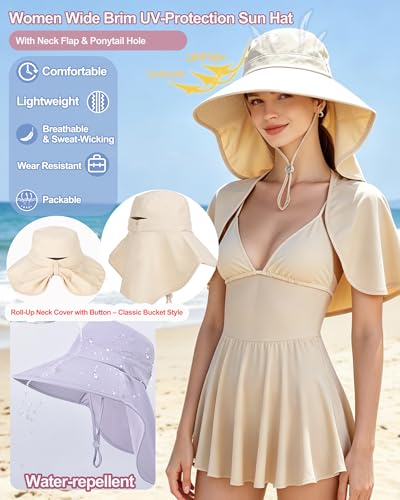 Sun Hats Women UV Protection with Neck Flap Wide-Brim Ponytail Hole Quick-Dry Breathable Hiking Fishing Gardening Hat