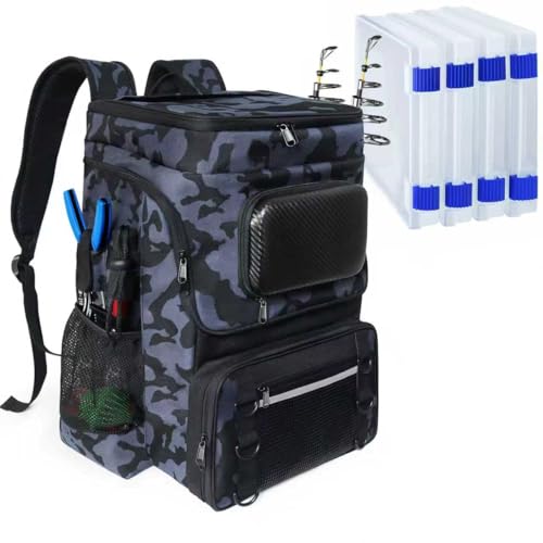 Fishing Backpack with Rod Holder, Large 50L Tackle Bag Water Resistant Tackle Backpack Heavy Duty Fishing Bag Gift for Men Woman - color: E: Camo Black