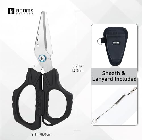 Booms Fishing Braided Line Cutter: 6.3in Multifunction Fishing Scissors with Retractor - Fishing Shears with Serrated Blades and Side Wire Cutter, S04 - style: Scissors with Retractor