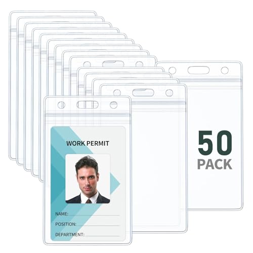 Pawfly 50 Pack Vertical ID Card Badge Holder Waterproof Clear Card Sleeve Case Cover Heavy Duty Card Protector Pouch with Resealable Zip for Proximity Key Card Driver’s License and Credit Card - style: 50 Pcs (Vertical)