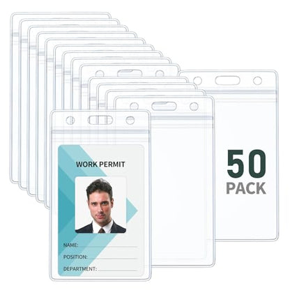 Pawfly 50 Pack Vertical ID Card Badge Holder Waterproof Clear Card Sleeve Case Cover Heavy Duty Card Protector Pouch with Resealable Zip for Proximity Key Card Driver’s License and Credit Card - style: 50 Pcs (Vertical)