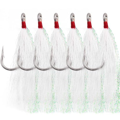 Bucktail Teasers Fishing Hooks Saltwater Flounder Rig Bucktail Mylar Teasers Inserted Stainless Steel Fishing Teaser Hooks for Striped Bass Trout Catfish Cod Flounder Hi/Lo Rig Jigs Spoons Lures - color: White, size: 6pcs