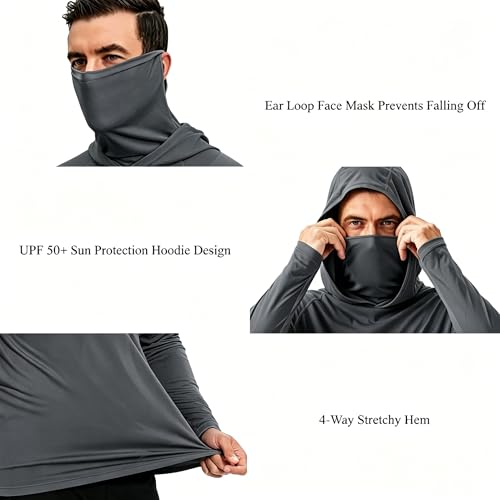 LeeHanTon Men UPF 50+ Sun Protection Hoodie Long Sleeve Shirts Dry-Fit UV Breathable Work Athletic Summer Pullover Sweatshirt - color: A-dkgy-with Mask, size: Small