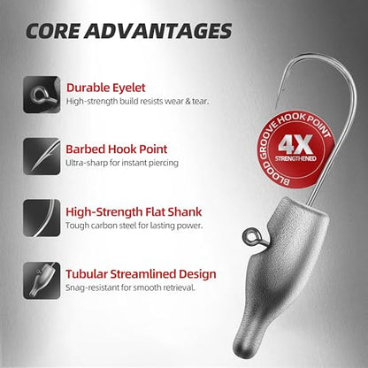 30PCS Fishing Jig Heads & Offset Worm Hooks, High-Carbon Steel for Straight-Rig Soft Plastics, Curly Tails & Stickbaits, Ideal for Vertical Jigging & Micro Fishing, Freshwater & Saltwater - size: 3/16oz