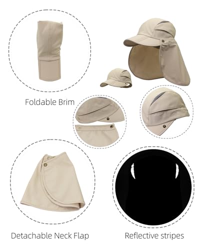 Men Women Safari Fishing Sun Cap with Removable Neck Flap UPF 50+ UV Protection Quick Dry Breathable Hats - color: Khaki