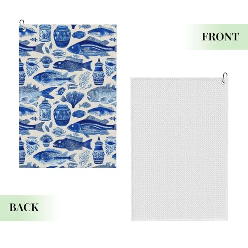 Retro Blue Fish Print Golf Towel, Microfiber Golf Towels for Bags with Carabiner Clip 16 x 24 inches, Men Womens Golfs Accessories