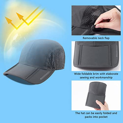 BASSDASH UPF 50+ Foldable Fishing Hat Baseball Cap with Removable Neck Flap Portable for Men Women Golf Hiking - color: Dark Grey With Foldable Brim