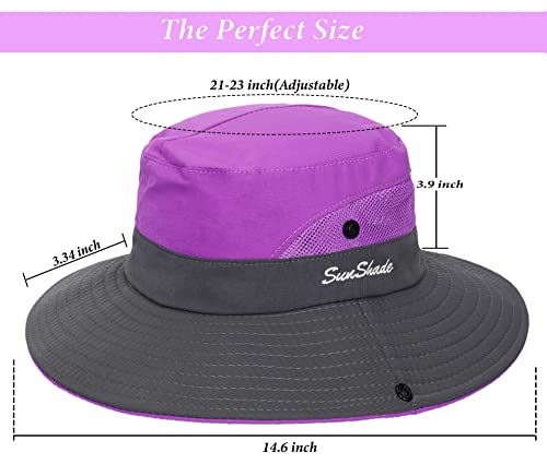 Sun Hat for Women Summer UV Protection Beach Hat Wide Brim Mesh Bucket Fishing Hat with Ponytail Hole Foldable Packable Hat - color: Purple(with Ponytail Hole)