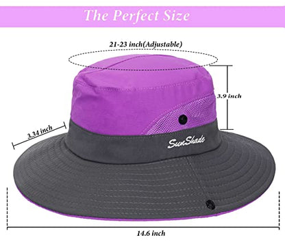Sun Hat for Women Summer UV Protection Beach Hat Wide Brim Mesh Bucket Fishing Hat with Ponytail Hole Foldable Packable Hat - color: Purple(with Ponytail Hole)