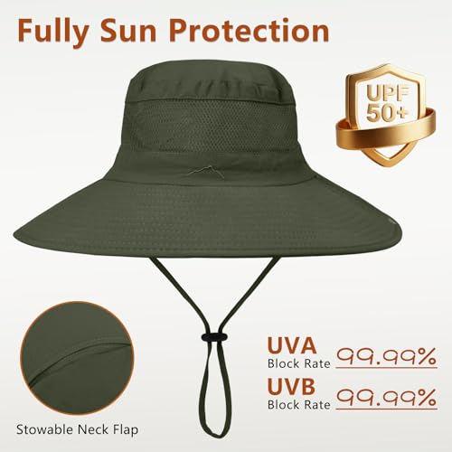 ZOORON Sun Hats for Men Women Fishing Hat with Neck Flap,UPF 50+ Sun Hat Waterproof Wide Brim Bucket Hats for Safari Hiking - color: 1-army Green(neck Flap)