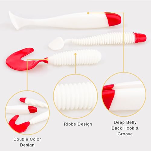30pcs Soft Plastic Fishing Lures Paddle Tail Swimbaits Soft Baits Lure for Bass Crappie Trout Shad Freshwater Saltwater Fishing Mixed 3.5 Inch 4.7 Inch Swim Bait Kit with Box - color: White, Red