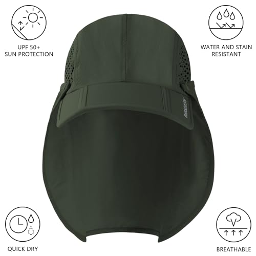 BASSDASH UPF 50+ Foldable Fishing Hat Baseball Cap with Removable Neck Flap Portable for Men Women Golf Hiking - color: Army Green With Foldable Brim