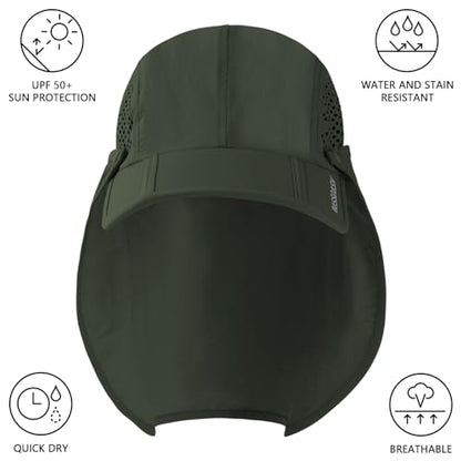 BASSDASH UPF 50+ Foldable Fishing Hat Baseball Cap with Removable Neck Flap Portable for Men Women Golf Hiking - color: Army Green With Foldable Brim
