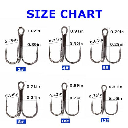 CAJOAUIS100pcs Fishing Treble Hooks Sharp Black Treble Fishing Hooks Round Bend Strong High Carbon Steel Barbed Fish Hook for Catfish Bass Trout Freshwater Saltwater Size: 2#-12# - size: 4#-100pcs