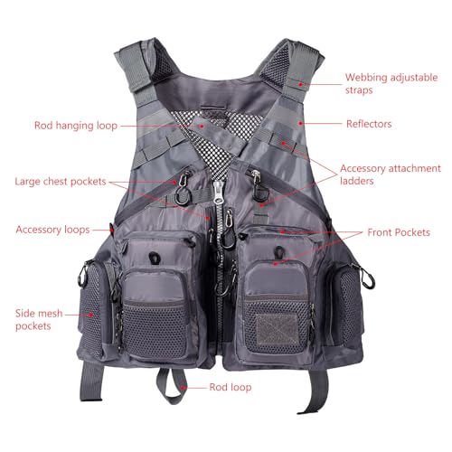 BASSDASH Strap Fishing Vest Adjustable for Men and Women, for Fly Bass Fishing and Outdoor Activities - color: Grey