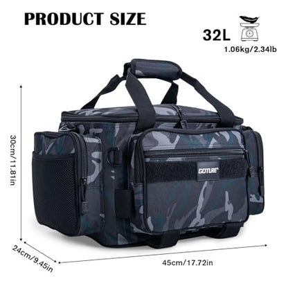 Goture Fishing Tackle Bag,Store Up to 4PCS 3700 Tackle Boxes(Not Included),600D Soft Side Water-Resistant Saltwater Gear Storage Fishing Bag with Rod Straps,Detachable Water Bottle Pouch,SBS Zippers - color: A3:Camo(Without Trays-17.72"x11.81"x9.45"), siz