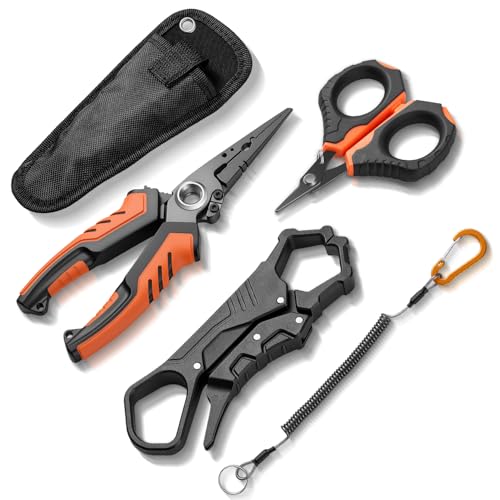 5Pcs Fishing Tool Kit, Corrosion Resistant Fishing Pliers with Lanyard, Floating Fish Lip Gripper, Braid Scissors, Fishing Gear Set, Ideal Fishing Accessories & Gifts for Men, Fishermen