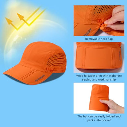 BASSDASH UPF 50+ Foldable Fishing Hat Baseball Cap with Removable Neck Flap Portable for Men Women Golf Hiking - color: Orange With Foldable Brim