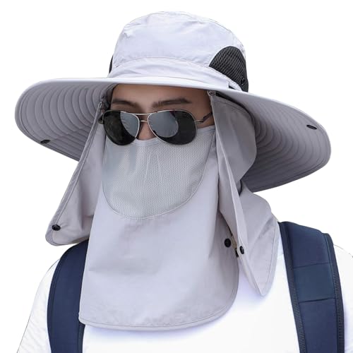 Sun Hat Unisex Face Coverage Shield Neck Flap Cap Garden Lawn Work Sports Hiking Fishing Hats - color: Light Grey
