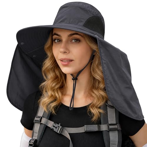 HUAMULAN Women Large Brim Sun Hat with Neck Flap, Men Quick Dry Hiking Fishing Safari Hat UPF 50+ - color: Yq005-darkgray