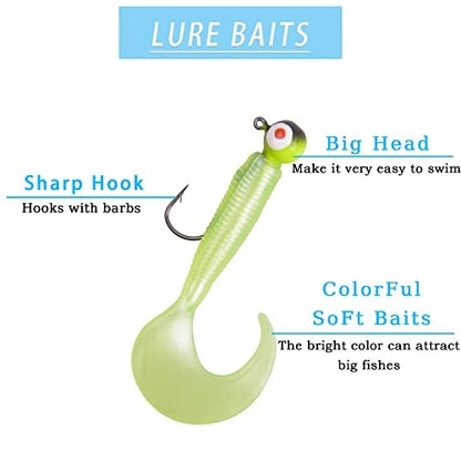 Soft Plastic Fishing Lure Jig Head Hook Kit,Grub Worm Lures Crappie Jigs Head Grub Tail Swimbait Tube Bait Jigs for Saltwater Freshwater, Trout Crappie Fishing - color: 17PCS Sets