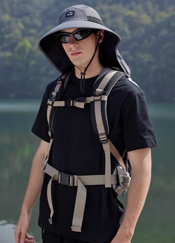HUAMULAN Men Summer Sun Hat Women Safari Wide Brim Fishing Hats UV Protection Neck Flap Bucket Gardening Hiking Hunting Cap - color: Darkgray With Black Mesh