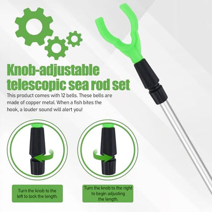 6 Packs Extendable Fishing Rod Holder for Ground Rack, Adjustable Fishing Pole Holders Spike Stand with 12 Alarm Bells Telescopic for Bank Sand Beach