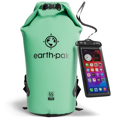 Earth Pak Waterproof Dry Bag - Roll Top Waterproof Backpack Sack Keeps Gear Dry for Kayak with Waterproof Phone Case - color: Seafoam Green, size: 55L