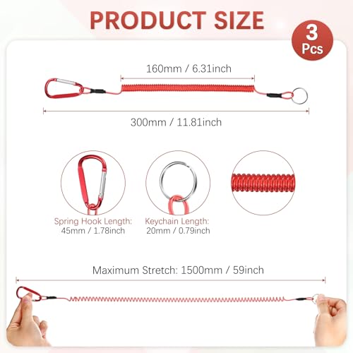 11.81IN Retractable Safety Coiled Lanyard [3PCS] - Steel Wire Fishing Rod Safety Lanyard Use for Pliers Boating & Kayak Fishing - color: Red