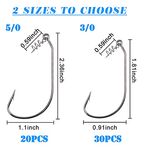Twistlock Fishing Hooks,50pcs Bass Fishing Worm Hooks with Centering Pin Spring Unweighted Swimbait Hooks for Soft Plastics Lure Baits Saltwater Freshwater Size 1/0 2/0 3/0 4/0 5/0 - size: (3/0 + 5/0)-50pcs