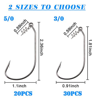 Twistlock Fishing Hooks,50pcs Bass Fishing Worm Hooks with Centering Pin Spring Unweighted Swimbait Hooks for Soft Plastics Lure Baits Saltwater Freshwater Size 1/0 2/0 3/0 4/0 5/0 - size: (3/0 + 5/0)-50pcs