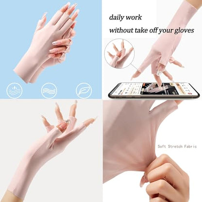 IZUS Women Cool Ice Silk Fingerless Driving Gloves Sunblock Non-Slip Outdoor Light-Thin Gloves Fishing Hiking Outdoor - color: 2set (Pink+ivory)