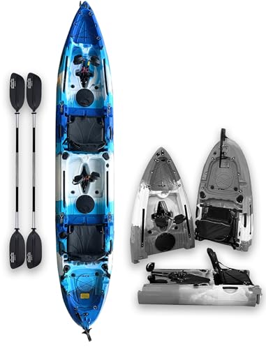 Brooklyn 13.0 Tandem 3-Piece Modular Kayak by BKC, 2-Person Sit-on-Top Kayak, Dual Flipper Drives, Rudder Steering, Rod Holders, Ample Dry Storage - color: Blue Typhoon