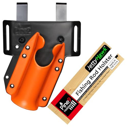 JettyHawk Fishing Rod Hip Holster, Hands-Free Quick-Draw Holder, Fits 1.5-2" Pole, for Spinning, Baitcaster, Centerpin & Surf Rods, Wading & MOLLE Belts - color: Orange w-Black Belt Clip