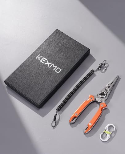 KEXMO 17-4 Stainless Steel Fishing Pliers, Anti-Twist Saltwater Hook Remover Tool, 7.17" Split Ring Pliers with Tungsten Cutters, Lightweight Aluminum Scales, Luminous Locking S-Carabiner - color: Orange