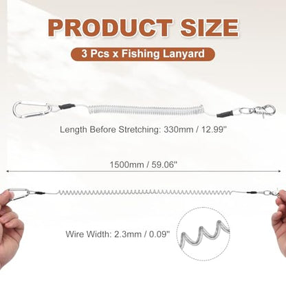 PATIKIL Fishing Lanyard, (59.06" Length, Silver) (3Pcs), Retractable Coiled Tether Anti-Lost Rope Coiled with Carabiners and 360° Rotatable Hook, Suit for - Fishing/Hunting/Hiking/Boating - color: Silver, size: 59.06"