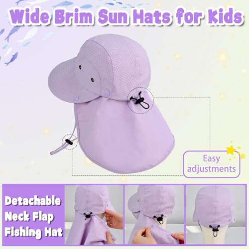 Kids Sun Hat with Detachable Neck Flap for Boys & Girls Wide Brim Fishing Hat for Kids Water Resistant UV Protection - color: 1 Pack-light Purple