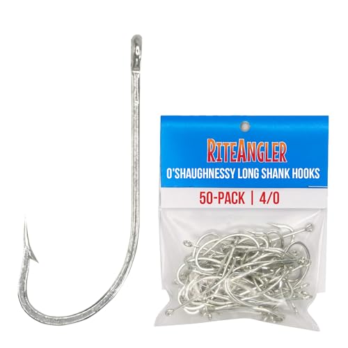 Rite Angler O'Shaughnessy Long Shank Hooks 50-Pack for Inshore and Offshore Fishing, Trolling in Saltwater and Freshwater, Assorted Sizes #2, 1, 1/0, 2/0, 3/0, 4/0, 5/0, 6/0, 7/0, 8/0, 9/0, 10/0 - size: 4/0
