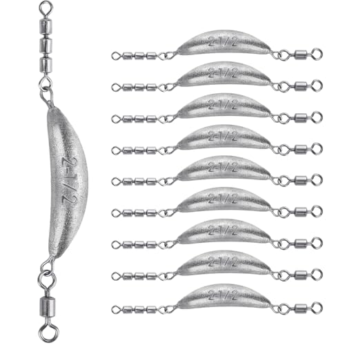 THKFISH Fishing Spin Sinker，Crescent Sinker with 3 Roller Swivels Fishing Sinker Drop Shot Weights Fishing Weights Kit Inline Trolling Sinkers,Torpedo Sinkers Saltwater Freshwater,1/2-6OZ, sliver - size: 2 1/2OZ