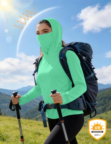 isnowood Women's Sun Protection Hoodie UPF 50+ Hiking Fishing Shirt, Long Sleeve UV Rash Guard with Face Mask Lightweight - color: Mint Green, size: X-Large