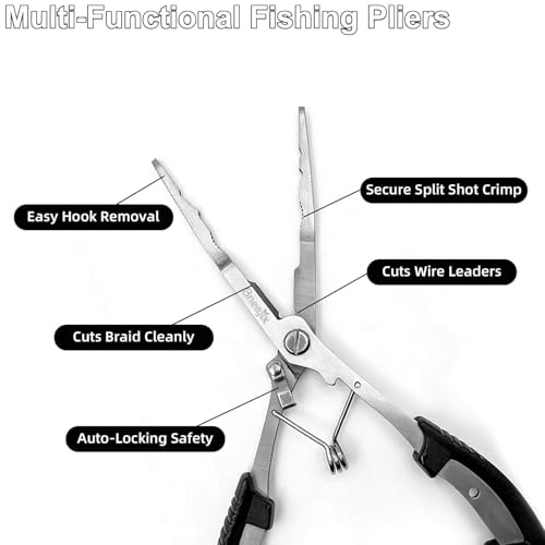 Fishing Pliers Scissors Set (8.4"& 5") with Safety Lock | Multi-function Long Nose Hook Remover, Line Cutter, Crimper; With Anti-Loss Ropes, Rustproof Stainless Steel for Saltwater &