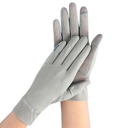 Women Sun Gloves UPF 50+ UV-Protection, Summer 2-Fingers-Flip Thin Ice-Silk Breathable Mesh Cooling Running Gloves - color: Grey