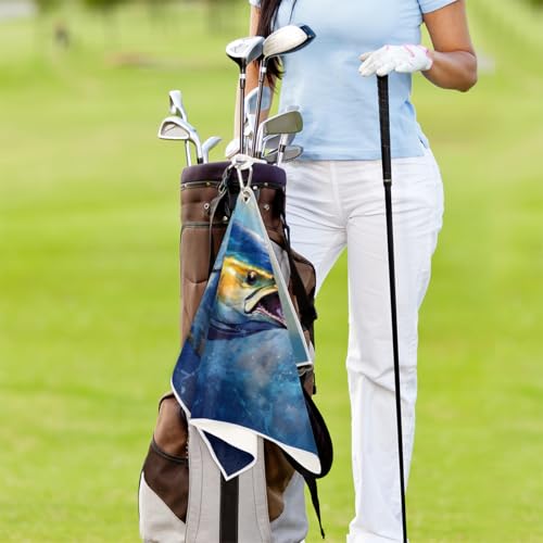 Blue Sea Ocean Fish Golf Towel for Men Women Ultra-Absorbent Towels for Golf Bag with Clip Ball Cleaner Funny Accessories Gifts Golf Carts & Clubs Rag Tennis Towel Microfiber Design 24"x15"