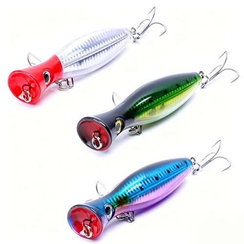Popper Fishing Lure Set, 3 PCS Topwater Popper Lures 3D Eyes Fishing Accessories for Saltwater Surface Casting and Freshwater Fishing Gt Tuna Kingfish Large Predator Fish (5.11in, 1.48Oz) - color: A